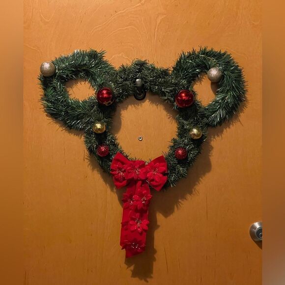 Mickey Mouse Shaped Holiday Door Wreath with/Red Glittering Bows and Ornaments - Picture 6 of 10